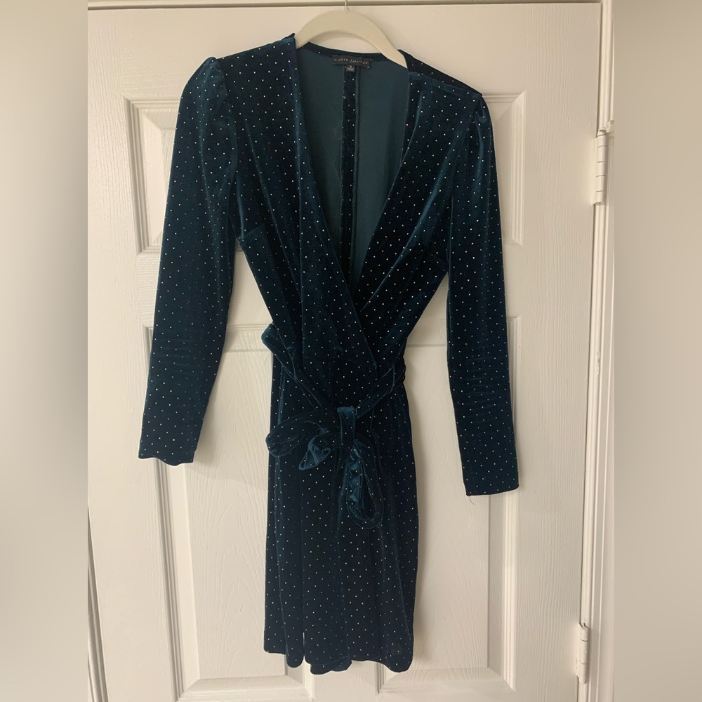 Emerald green studded velvet long sleeve mini dress